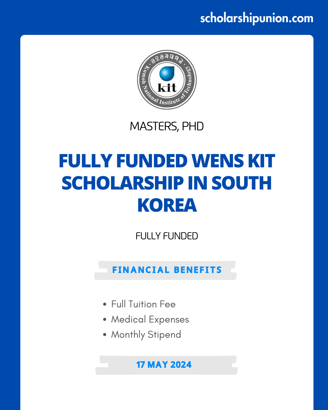 Feature image for Fully Funded WENS KIT Scholarship in South Korea 2024-25