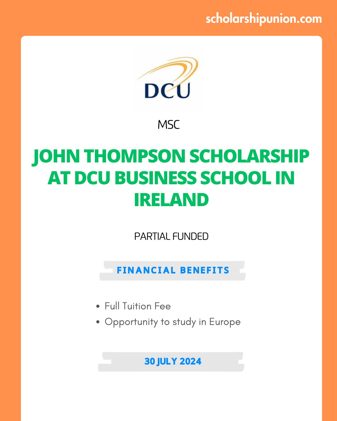 Feature image for John Thompson Scholarship at DCU Business School in Ireland 2024-25