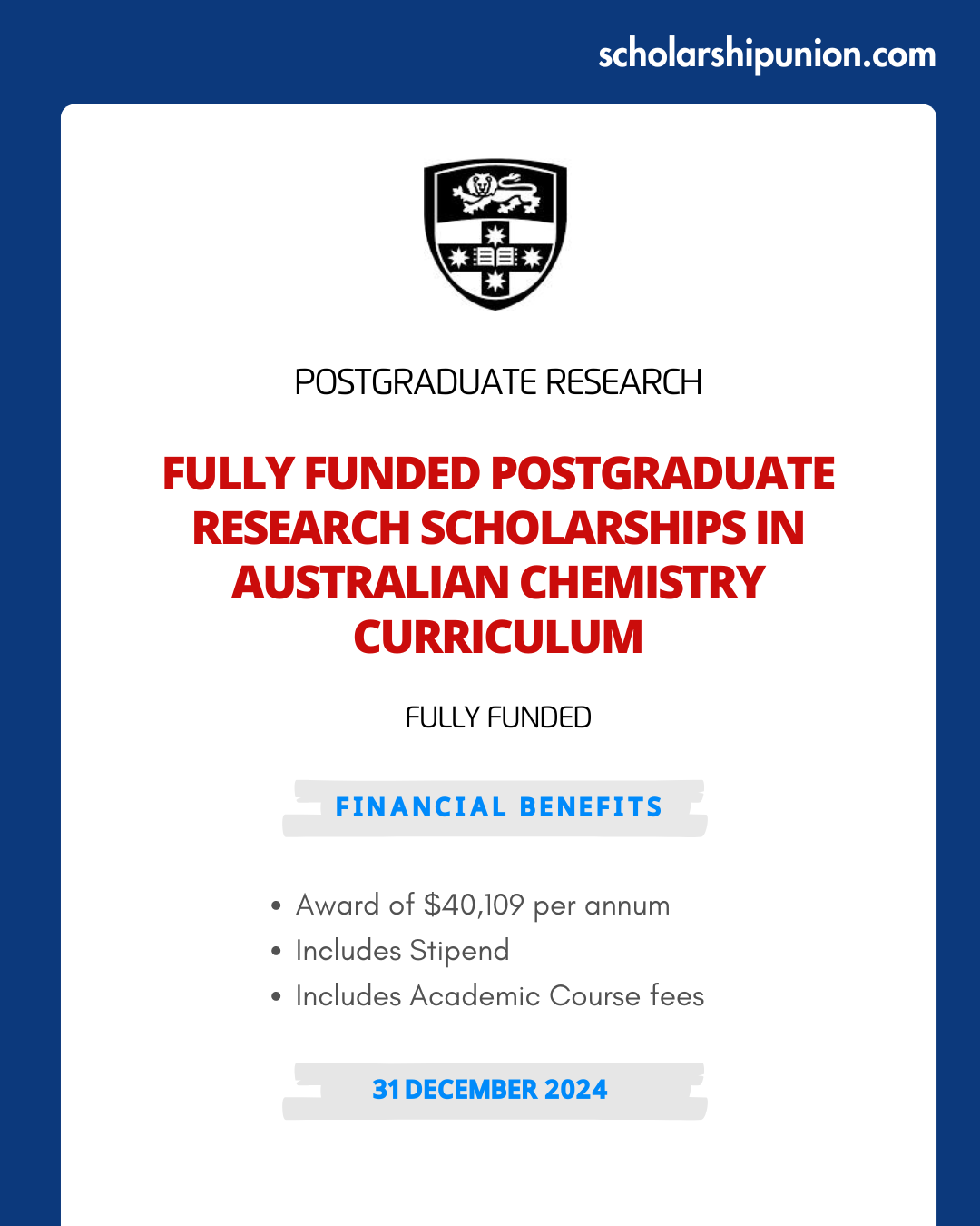 Feature image for Fully Funded Postgraduate Research Scholarships in Australian Chemistry Curriculum 2024-25