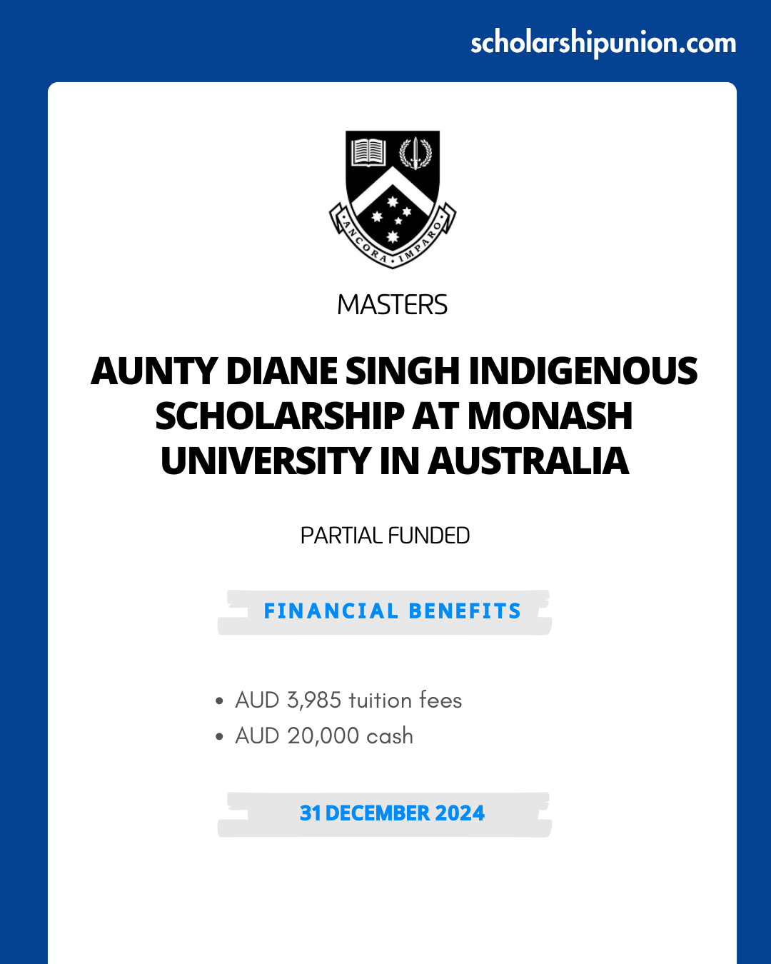 Feature image for Aunty Diane Singh Indigenous Scholarship at Monash University in Australia 2024-25