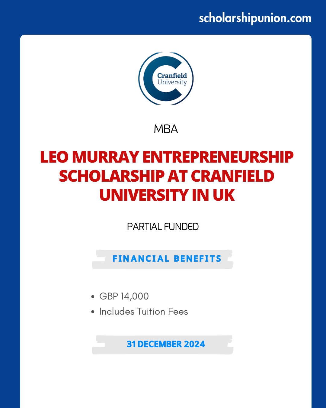 Feature image for Leo Murray Entrepreneurship Scholarship at Cranfield University in UK 2024-25
