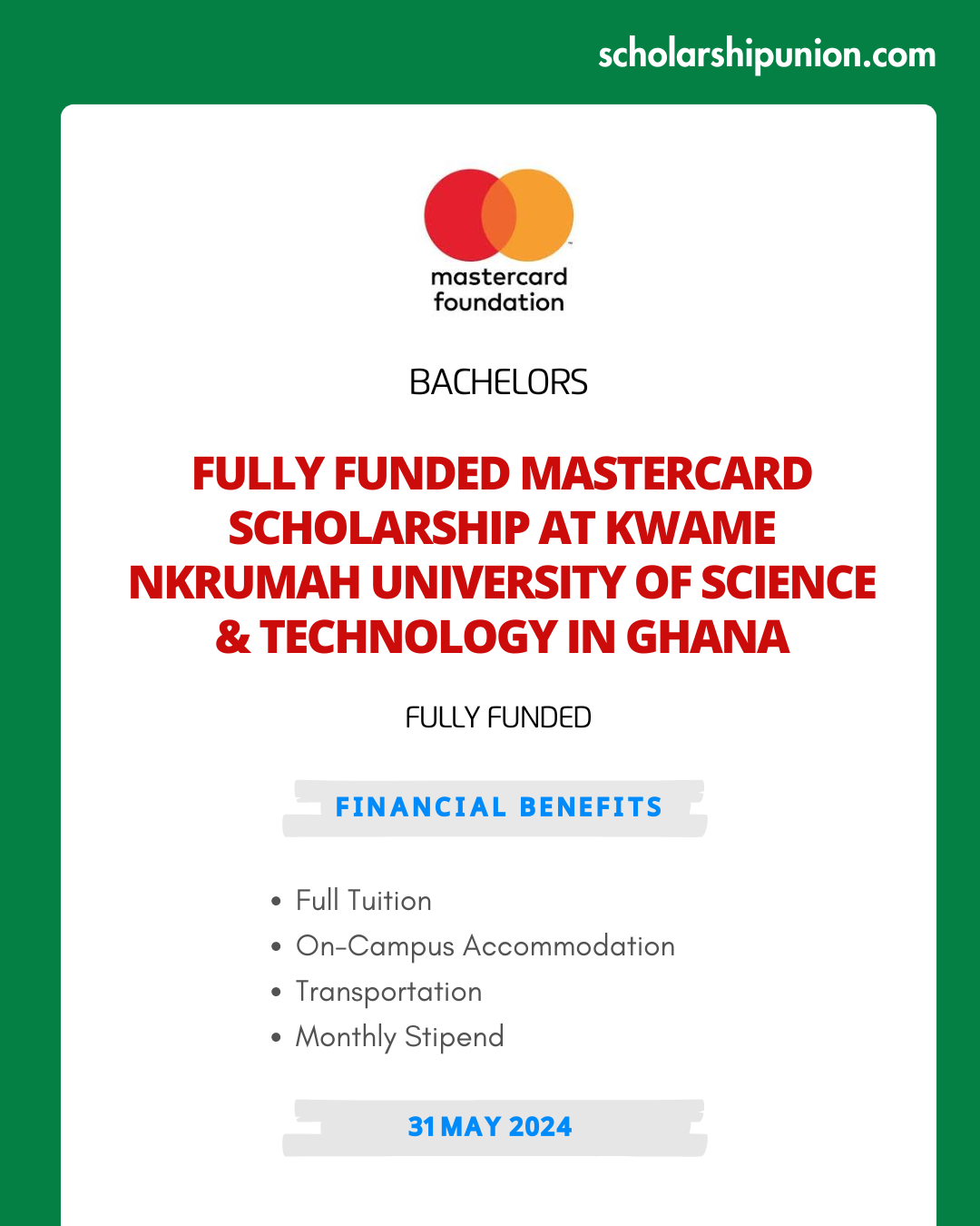 Feature image for Fully Funded MasterCard Scholarship at Kwame Nkrumah University of Science & Technology in Ghana 2024-25