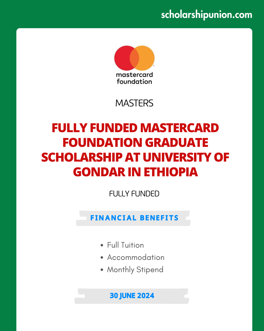 Feature image for Fully Funded Mastercard Foundation Graduate Scholarship at University of Gondar in Ethiopia 2024-25